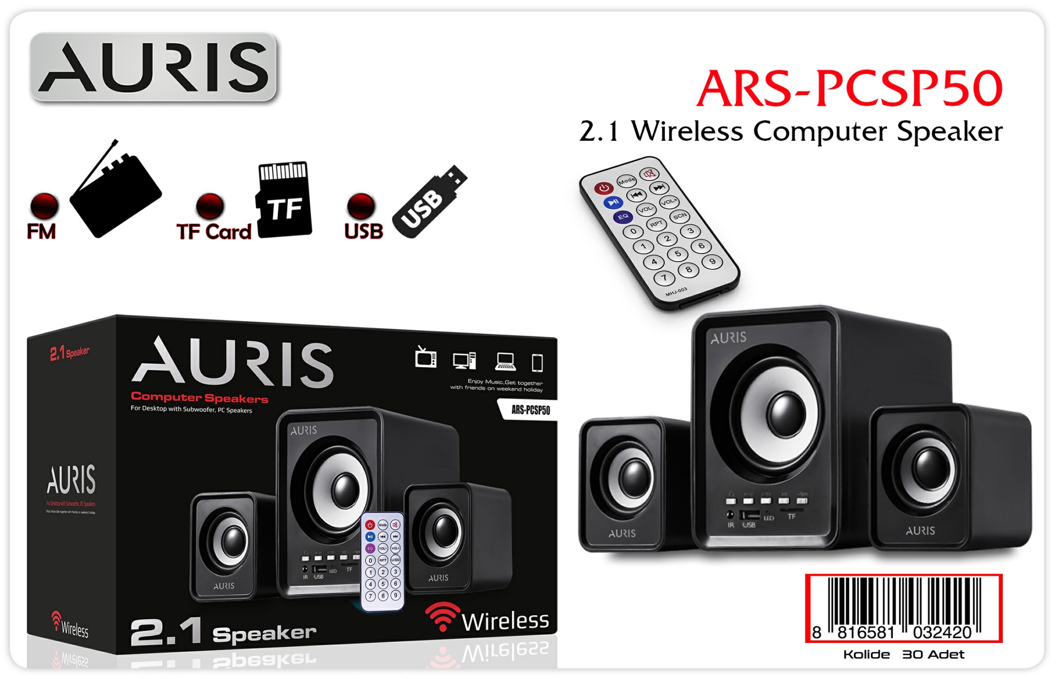 Auris PCSP50 Bluetooth Kumandalı 2+1 Kablosuz  Bilgisayar Hoparlörü